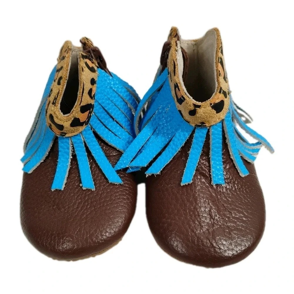 Little Toe Co. Girls 6-12m‎ Leopard Print Blue Fringe Brown Infant Shoes Boots